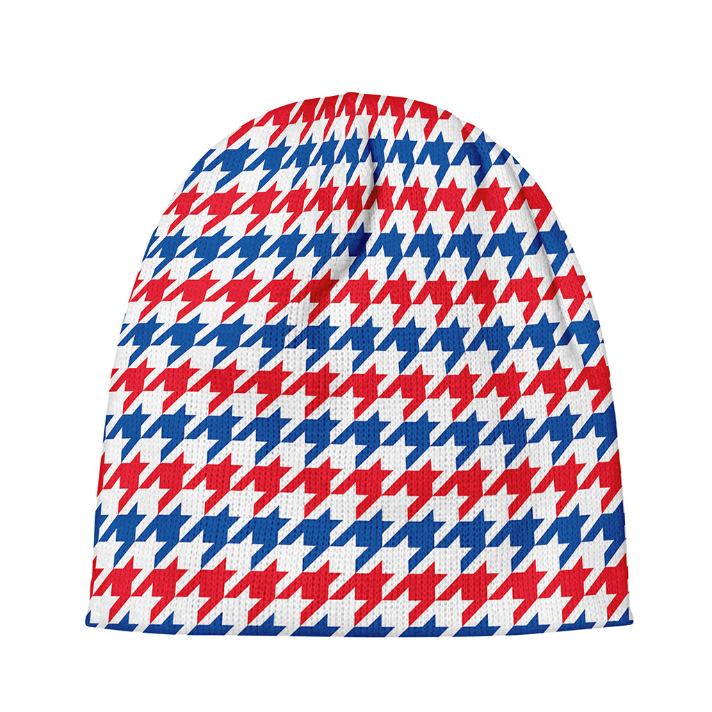 Red Blue And White Houndstooth Print Beanie