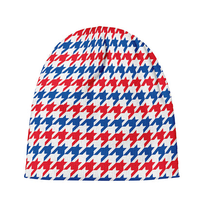 Red Blue And White Houndstooth Print Beanie