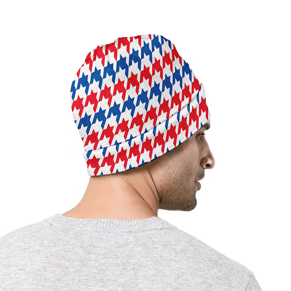 Red Blue And White Houndstooth Print Beanie