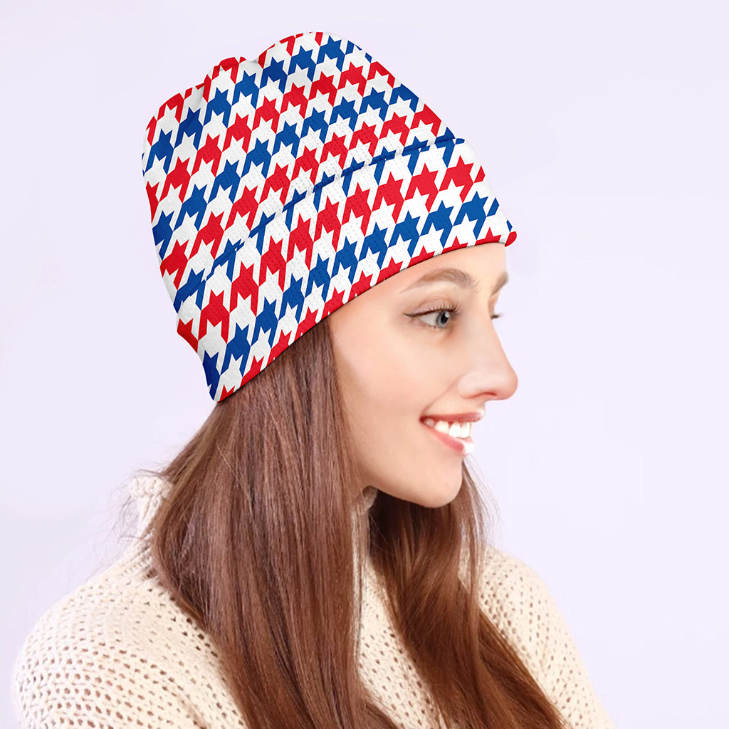 Red Blue And White Houndstooth Print Beanie