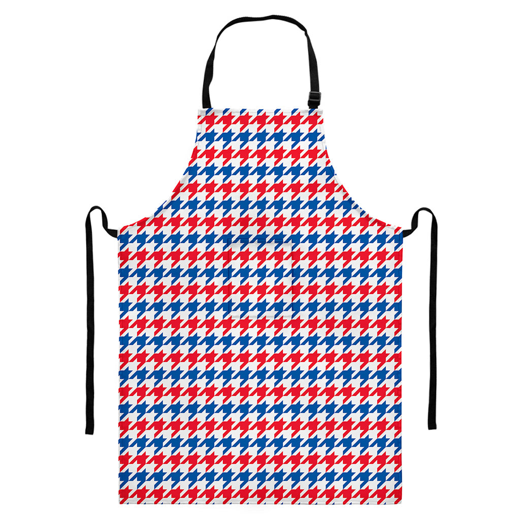 Red Blue And White Houndstooth Print Bib Apron With Pocket