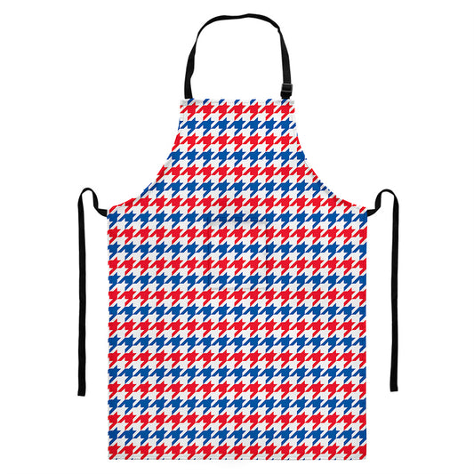 Red Blue And White Houndstooth Print Bib Apron With Pocket