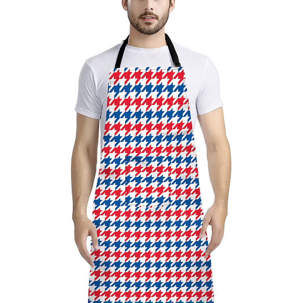 Red Blue And White Houndstooth Print Bib Apron With Pocket