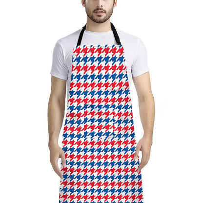 Red Blue And White Houndstooth Print Bib Apron With Pocket