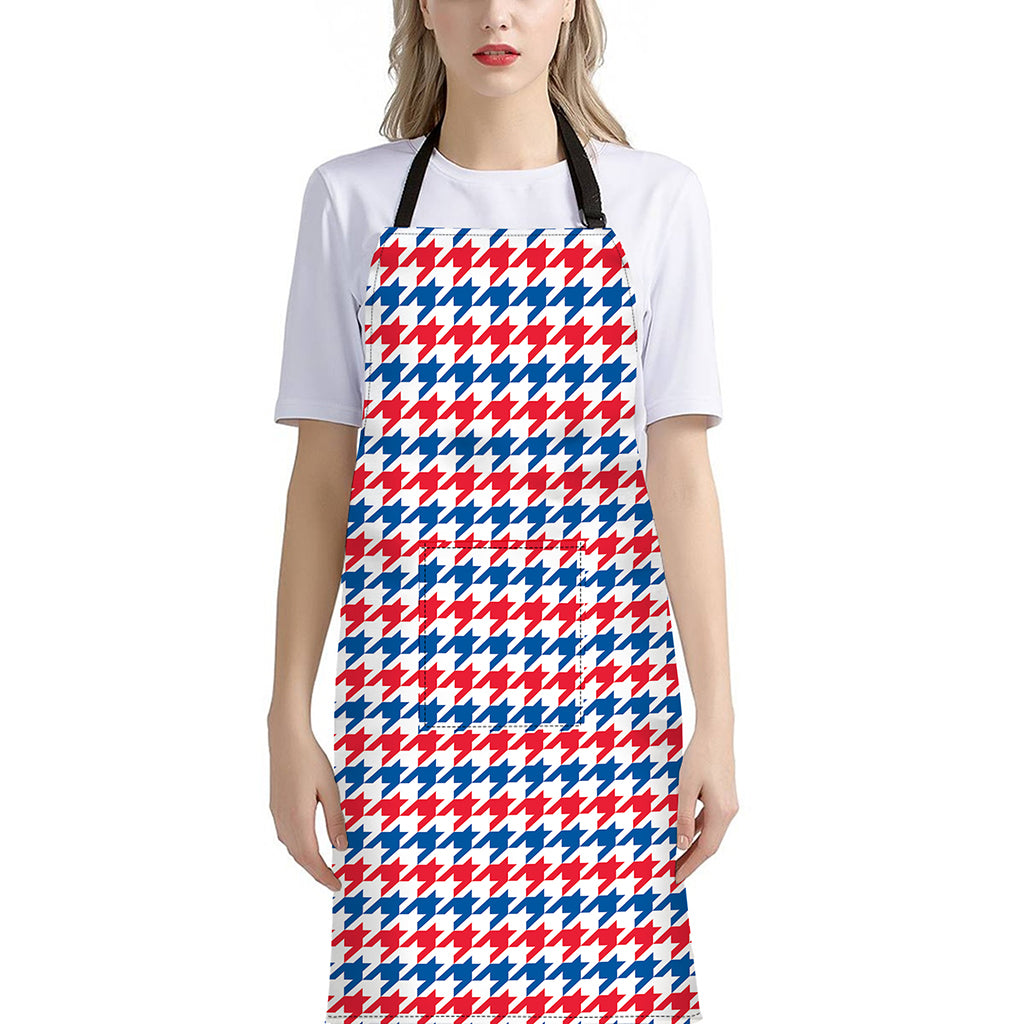 Red Blue And White Houndstooth Print Bib Apron With Pocket