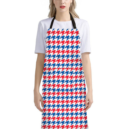 Red Blue And White Houndstooth Print Bib Apron With Pocket