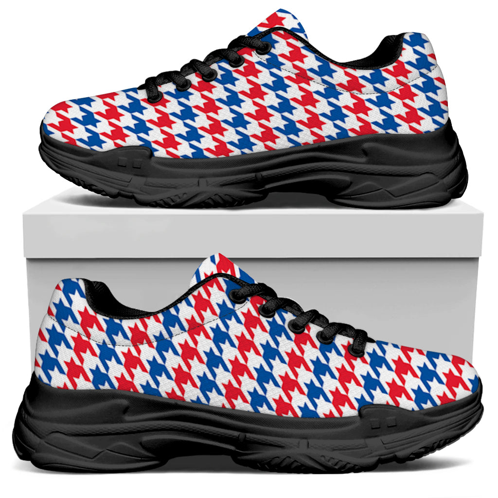 Red Blue And White Houndstooth Print Black Chunky Shoes