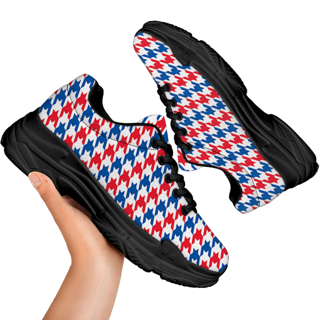 Red Blue And White Houndstooth Print Black Chunky Shoes