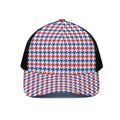 Red Blue And White Houndstooth Print Black Mesh Trucker Hat