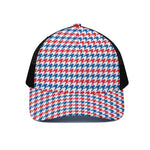 Red Blue And White Houndstooth Print Black Mesh Trucker Cap