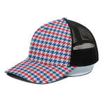 Red Blue And White Houndstooth Print Black Mesh Trucker Cap