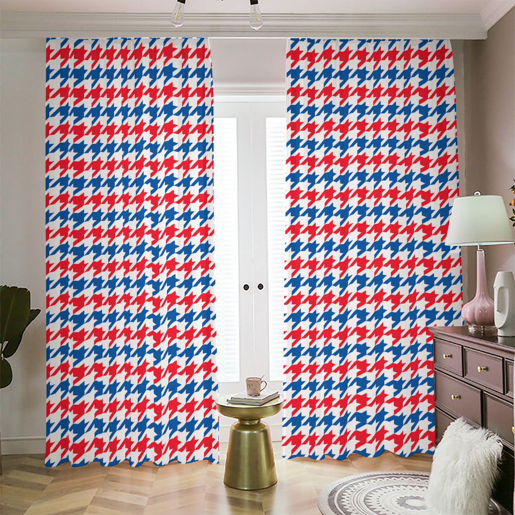 Red Blue And White Houndstooth Print Blackout Pencil Pleat Curtains