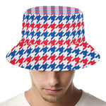 Red Blue And White Houndstooth Print Bucket Hat