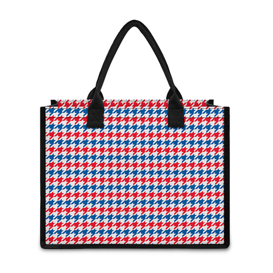 Red Blue And White Houndstooth Print Canvas Tote Bag