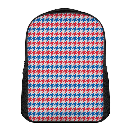 Red Blue And White Houndstooth Print Casual Backpack