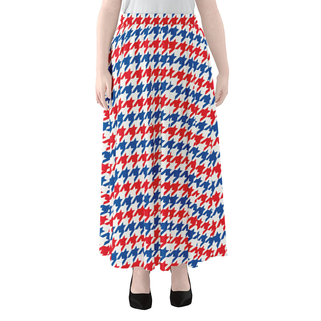 Red Blue And White Houndstooth Print Chiffon Maxi Skirt