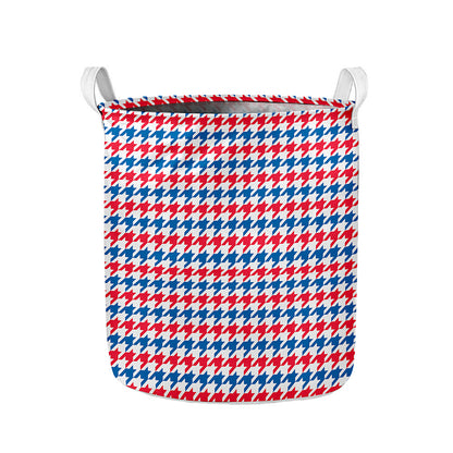Red Blue And White Houndstooth Print Collapsible Laundry Basket
