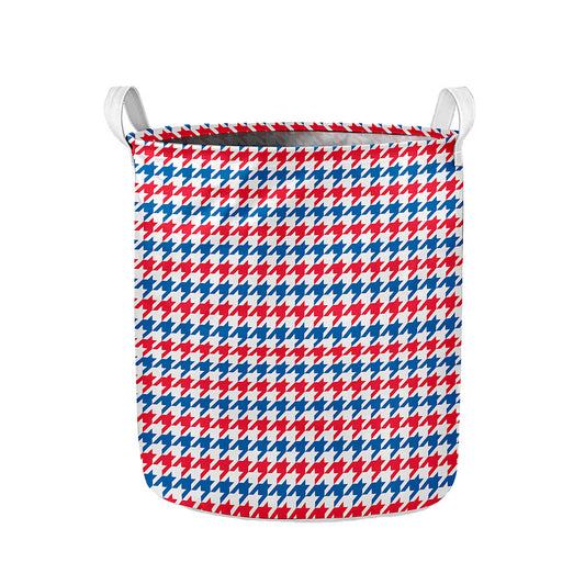 Red Blue And White Houndstooth Print Collapsible Laundry Basket