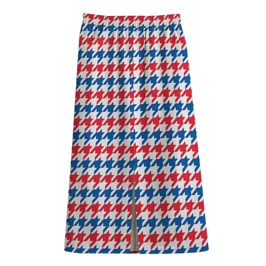 Red Blue And White Houndstooth Print Cotton Front Slit Maxi Skirt
