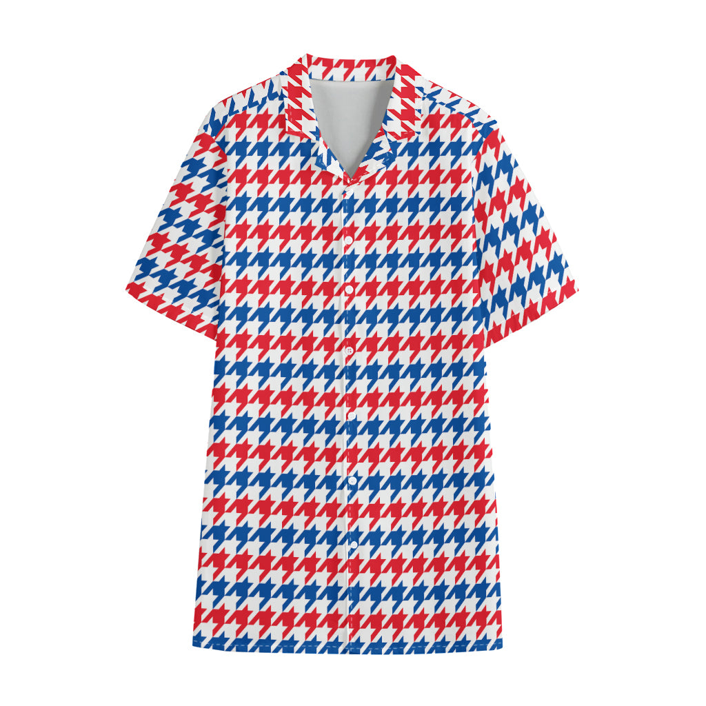 Red Blue And White Houndstooth Print Cotton Hawaiian Shirt