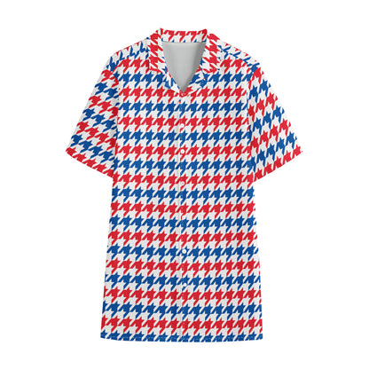 Red Blue And White Houndstooth Print Cotton Hawaiian Shirt