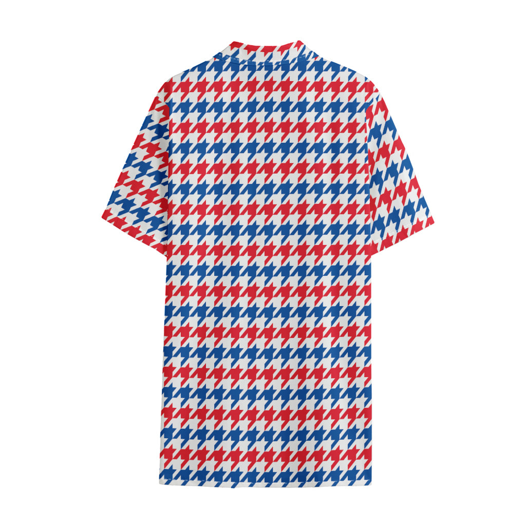 Red Blue And White Houndstooth Print Cotton Hawaiian Shirt