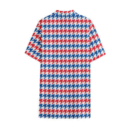 Red Blue And White Houndstooth Print Cotton Hawaiian Shirt