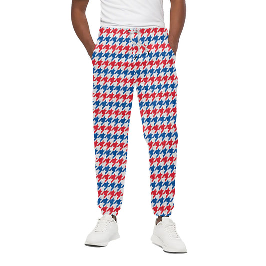 Red Blue And White Houndstooth Print Cotton Pants