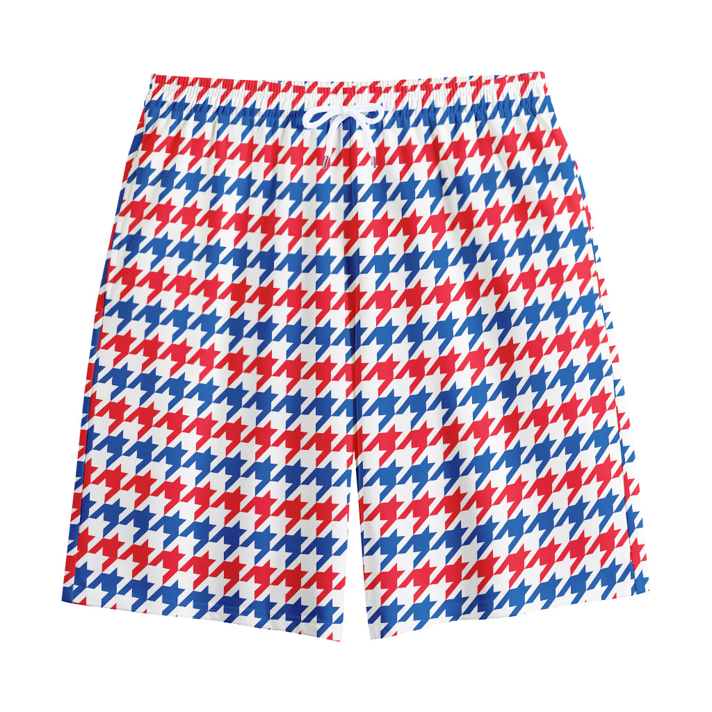 Red Blue And White Houndstooth Print Cotton Shorts