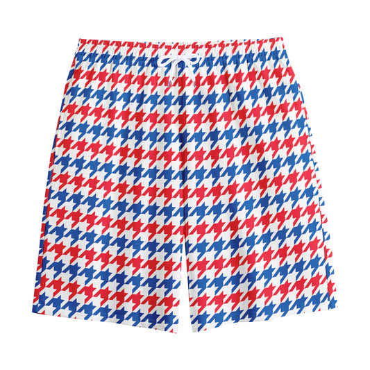Red Blue And White Houndstooth Print Cotton Shorts