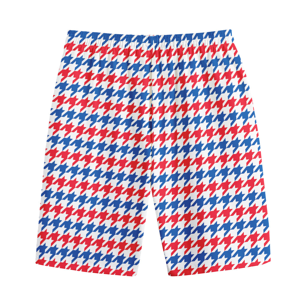 Red Blue And White Houndstooth Print Cotton Shorts