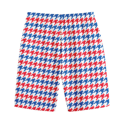 Red Blue And White Houndstooth Print Cotton Shorts