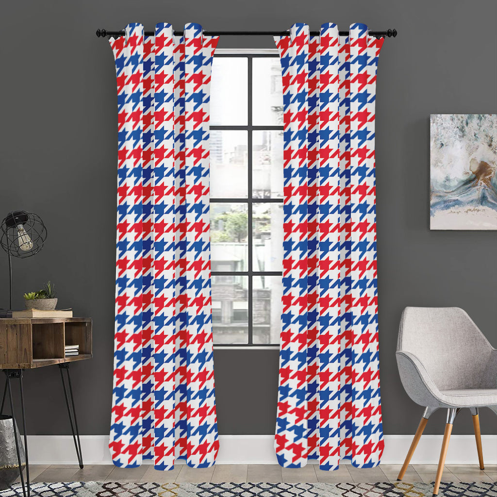 Red Blue And White Houndstooth Print Curtain