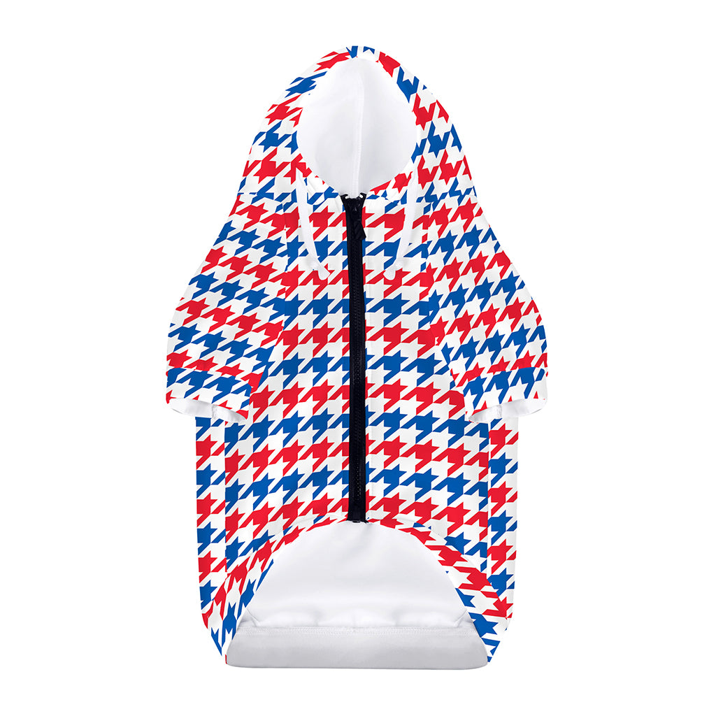 Red Blue And White Houndstooth Print Dog Zip Up Hoodie