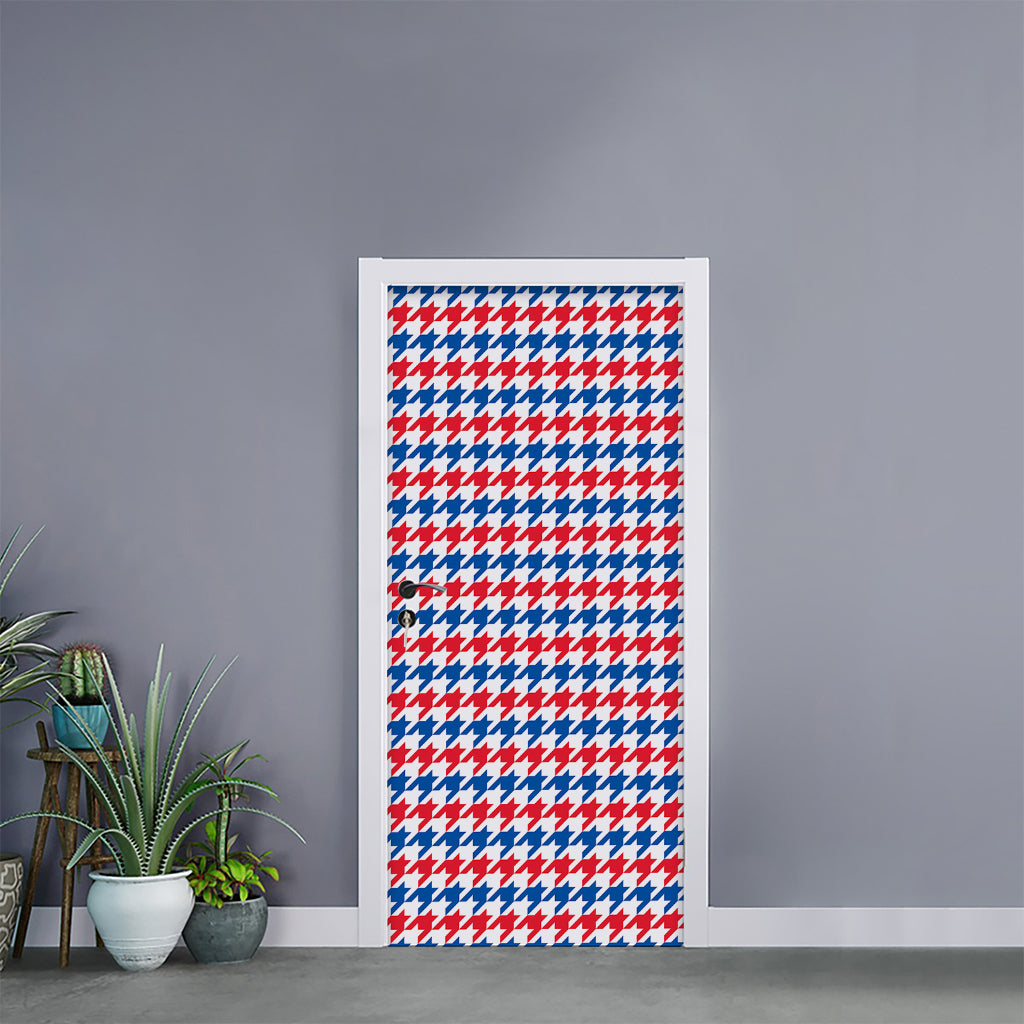 Red Blue And White Houndstooth Print Door Sticker