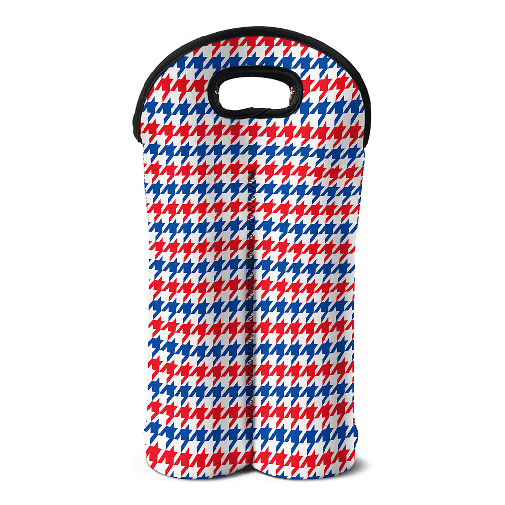 Red Blue And White Houndstooth Print Double Neoprene Wine Tote