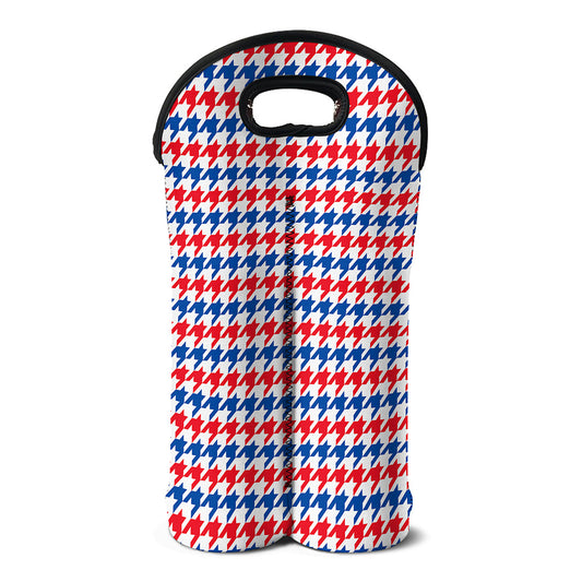 Red Blue And White Houndstooth Print Double Neoprene Wine Tote