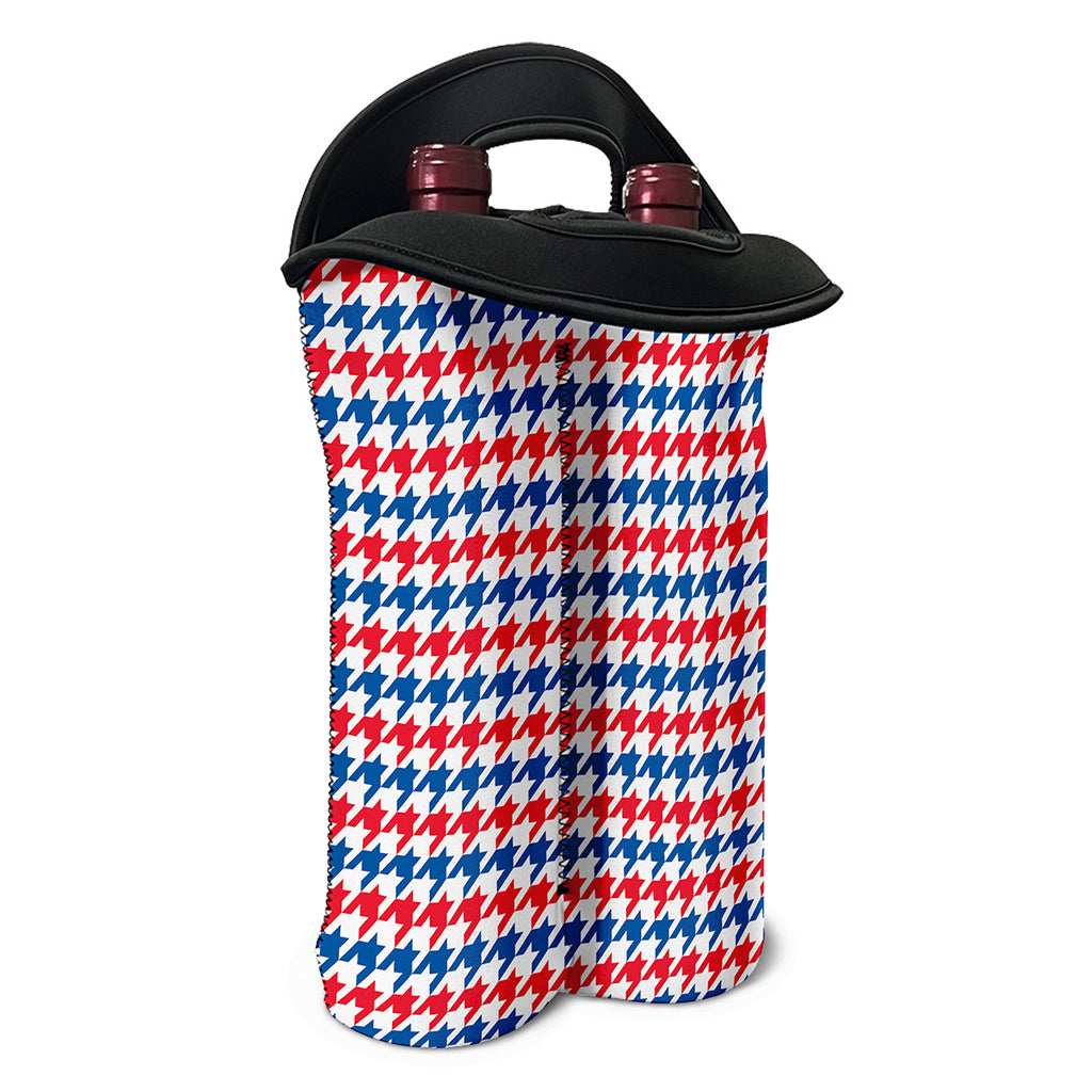 Red Blue And White Houndstooth Print Double Neoprene Wine Tote