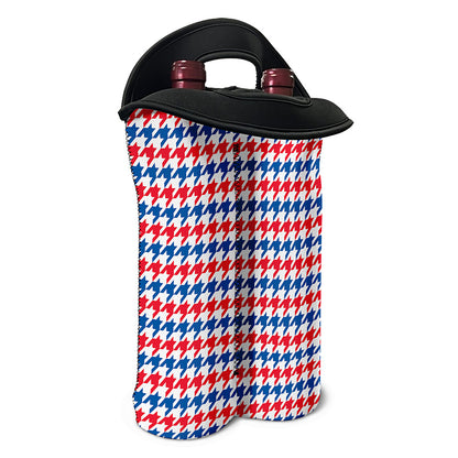 Red Blue And White Houndstooth Print Double Neoprene Wine Tote