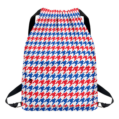 Red Blue And White Houndstooth Print Drawstring Backpack