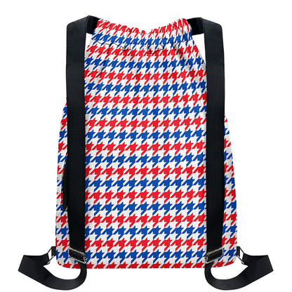 Red Blue And White Houndstooth Print Drawstring Backpack