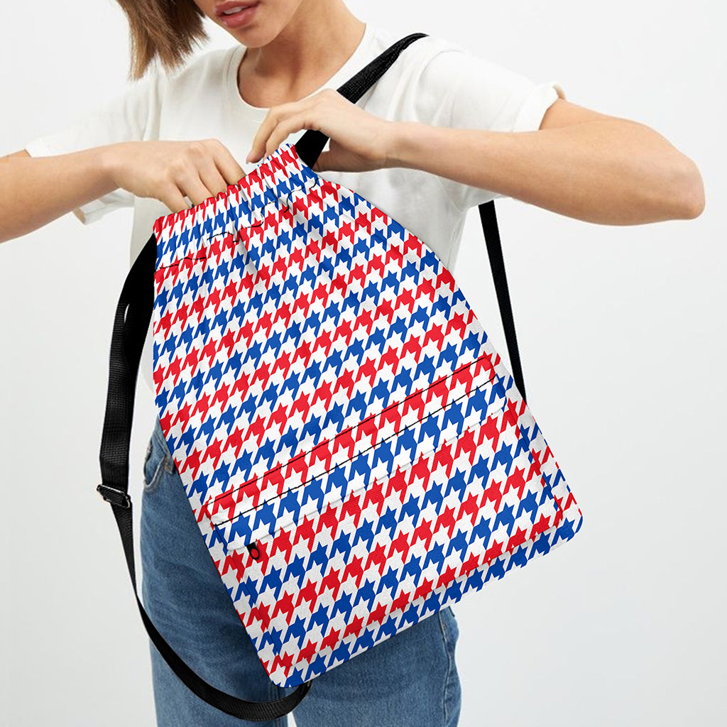 Red Blue And White Houndstooth Print Drawstring Backpack