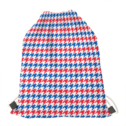 Red Blue And White Houndstooth Print Drawstring Bag