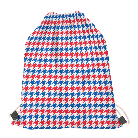 Red Blue And White Houndstooth Print Drawstring Bag