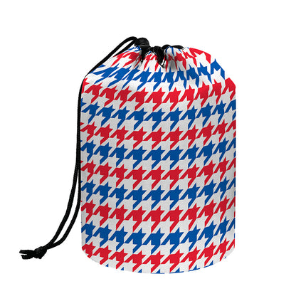 Red Blue And White Houndstooth Print Drawstring Makeup Bag
