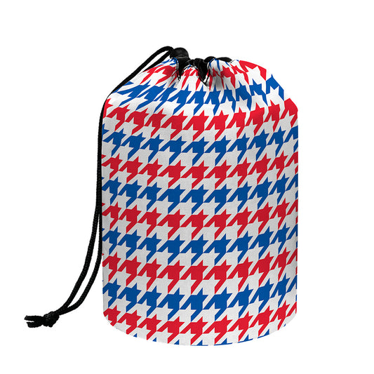 Red Blue And White Houndstooth Print Drawstring Makeup Bag