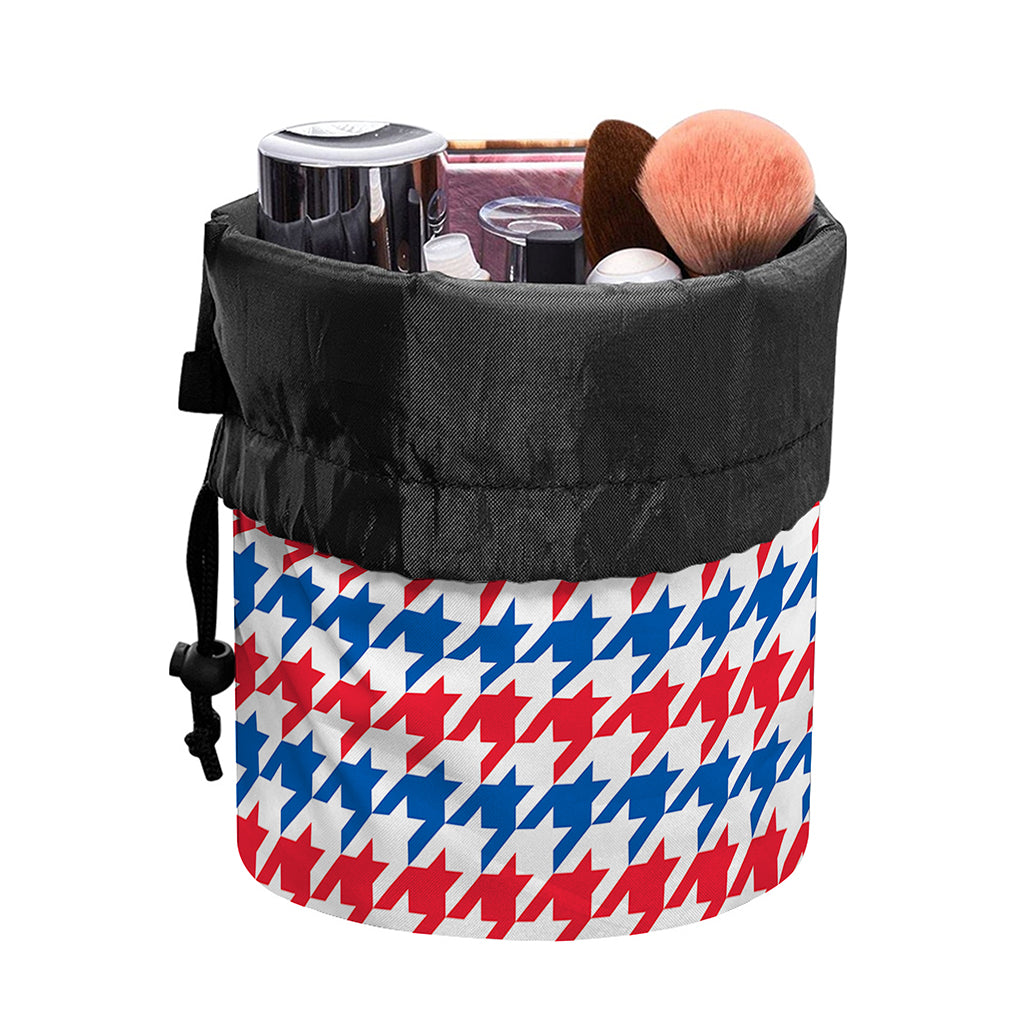 Red Blue And White Houndstooth Print Drawstring Makeup Bag