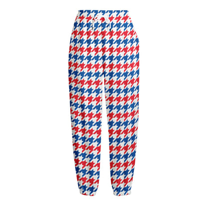 Red Blue And White Houndstooth Print Fleece Lined Knit Pants