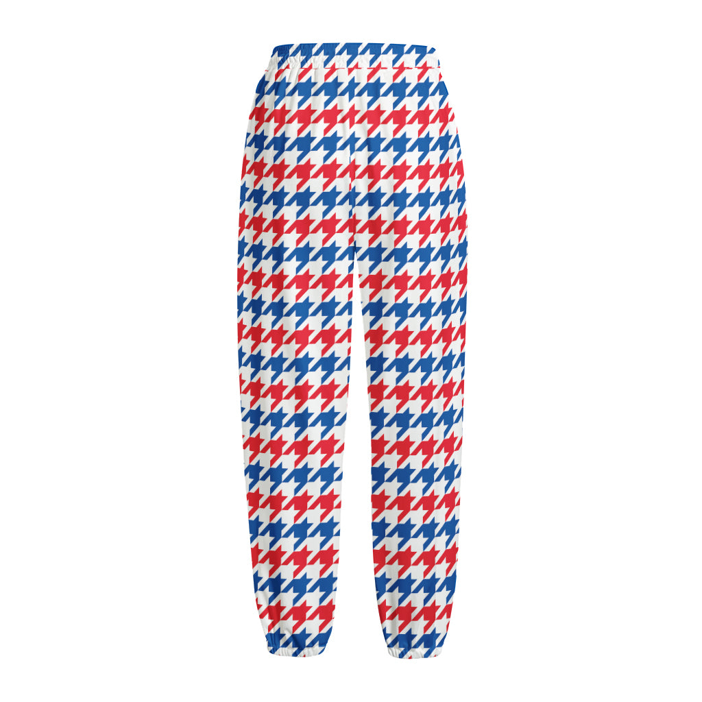 Red Blue And White Houndstooth Print Fleece Lined Knit Pants