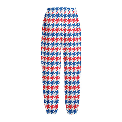 Red Blue And White Houndstooth Print Fleece Lined Knit Pants